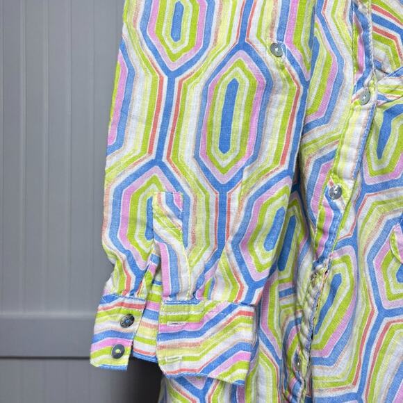Sigrid Olsen Tunic Linen Whimsy Button Up Vibrant Geometric Hexagon Green Bright - Picture 9 of 11